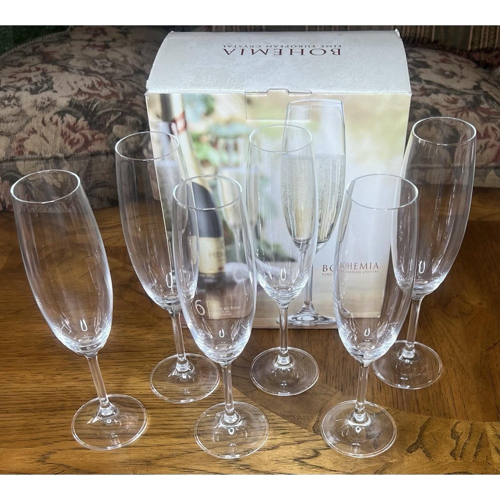 6 Bohemia Crystal Champagne Glass Flutes 6 oz Czech Republic 9" Vintage Elegance